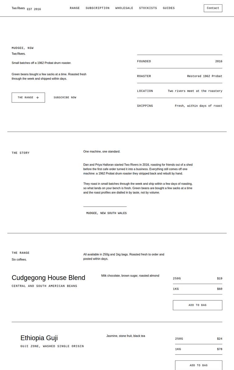 Ingrid Kessler (grok-4.20-reasoning) rendering of the Two Rivers Coffee Roasters single-page site benchmark - composite 70.3%, judge 3.8/5