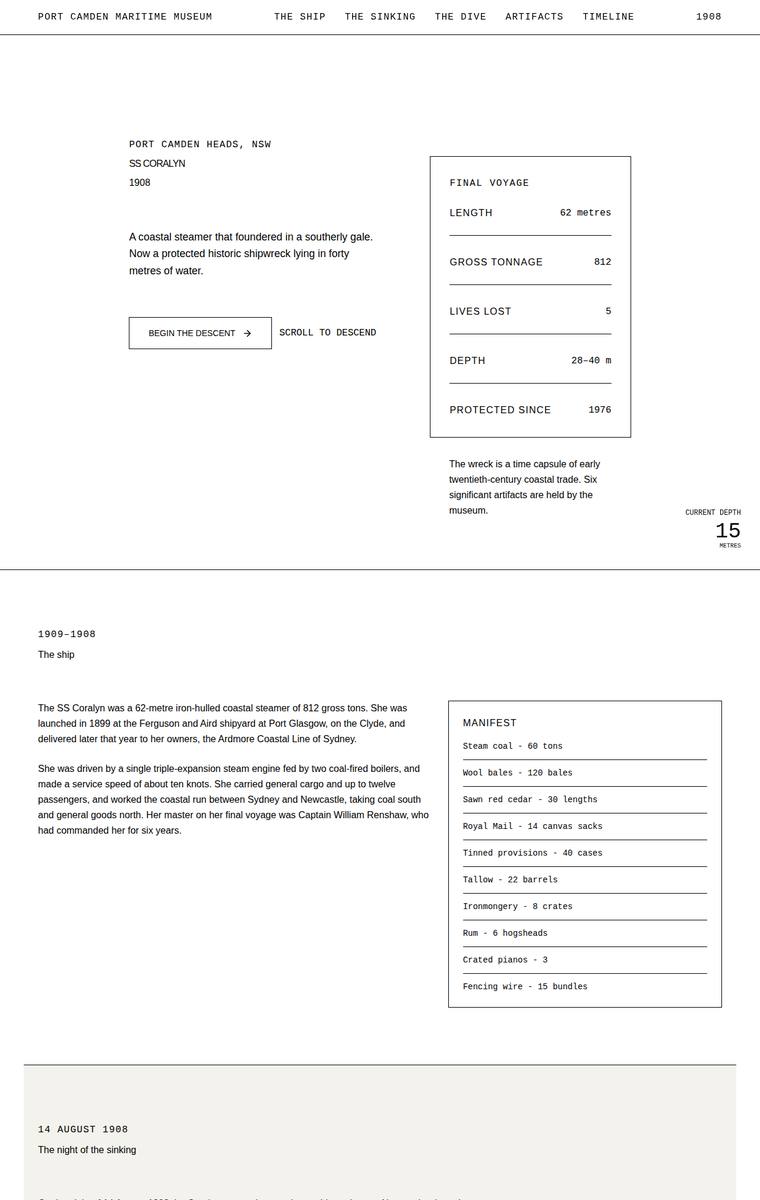 Ingrid Kessler (grok-4.20-reasoning) webdesign output - The Wreck of the Coralyn maritime museum microsite