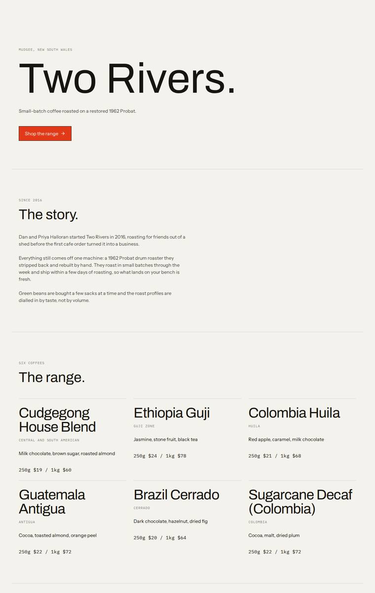 Ingrid Kessler (grok-4.3) rendering of the Two Rivers Coffee Roasters single-page site benchmark - composite 71.9%, judge 3.9/5