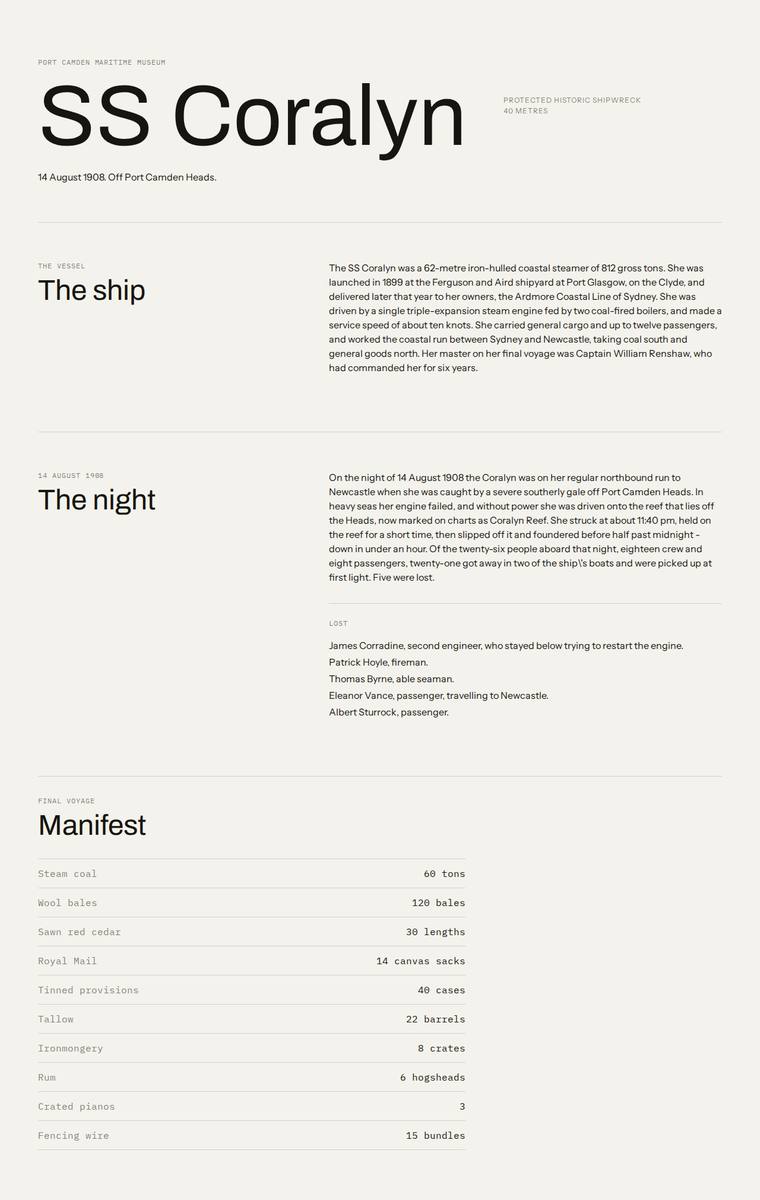 Ingrid Kessler (grok-4.3) webdesign output - The Wreck of the Coralyn maritime museum microsite