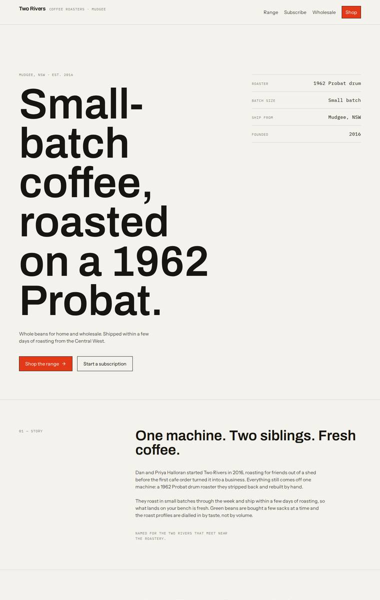 Ingrid Kessler (grok-4.5) rendering of the Two Rivers Coffee Roasters single-page site benchmark - composite 90.6%, judge 4.6/5