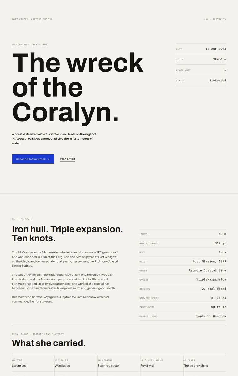 Ingrid Kessler (grok-4.5) webdesign output - The Wreck of the Coralyn maritime museum microsite