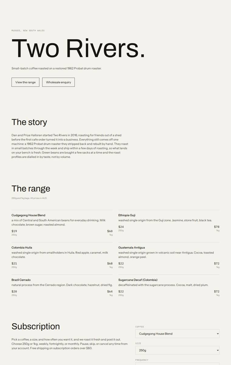 Ingrid Kessler (grok-build-0.1) rendering of the Two Rivers Coffee Roasters single-page site benchmark - composite 68.8%, judge 3.8/5