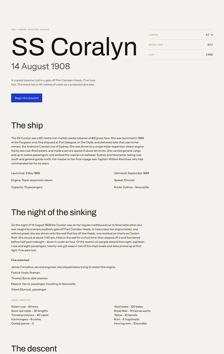 Ingrid Kessler (grok-build-0.1) webdesign output - The Wreck of the Coralyn maritime museum microsite