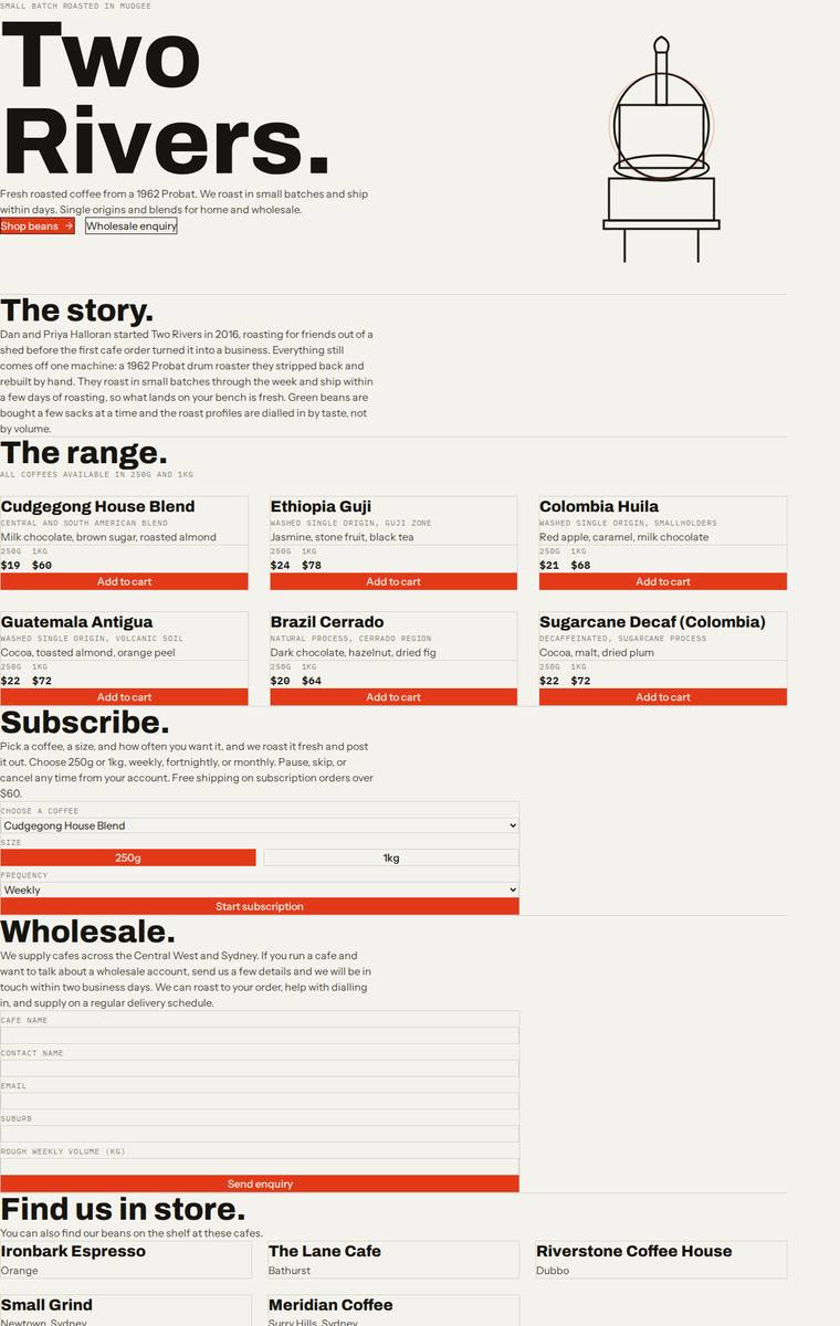 Ingrid Kessler (claude-haiku-4-5) webdesign output - Two Rivers Coffee Roasters single-page site