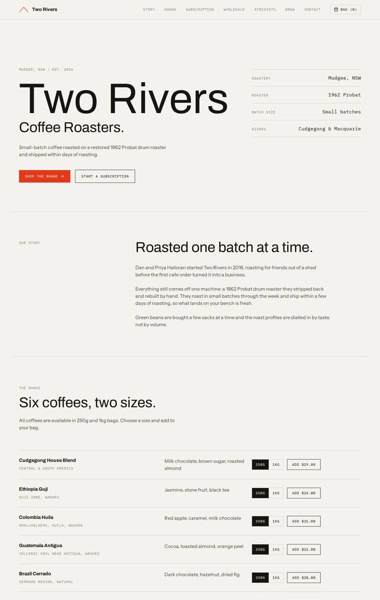 Ingrid Kessler (kimi-k2.7-code) rendering of the Two Rivers Coffee Roasters single-page site benchmark - composite 81.3%, judge 4.3/5