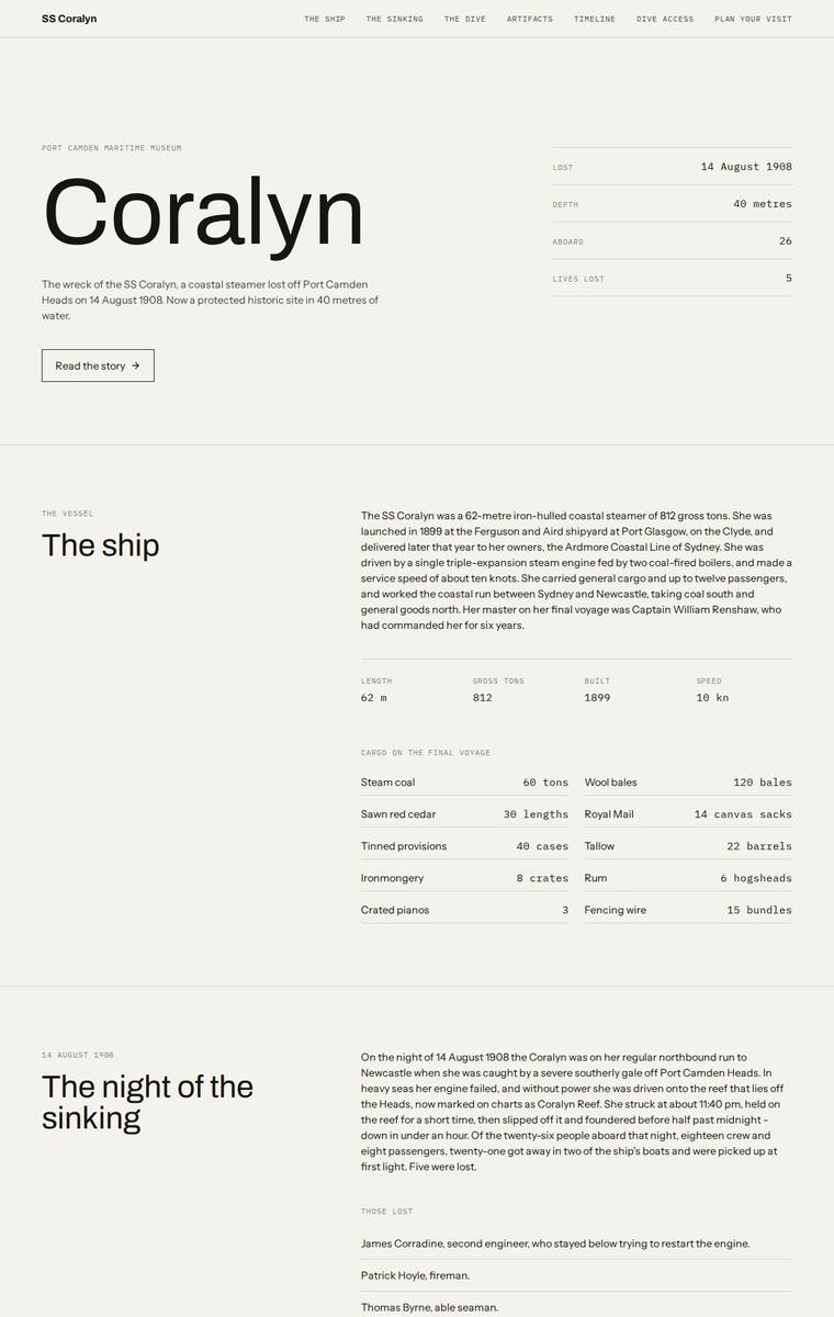 Ingrid Kessler (kimi-k2.7-code) webdesign output - The Wreck of the Coralyn maritime museum microsite