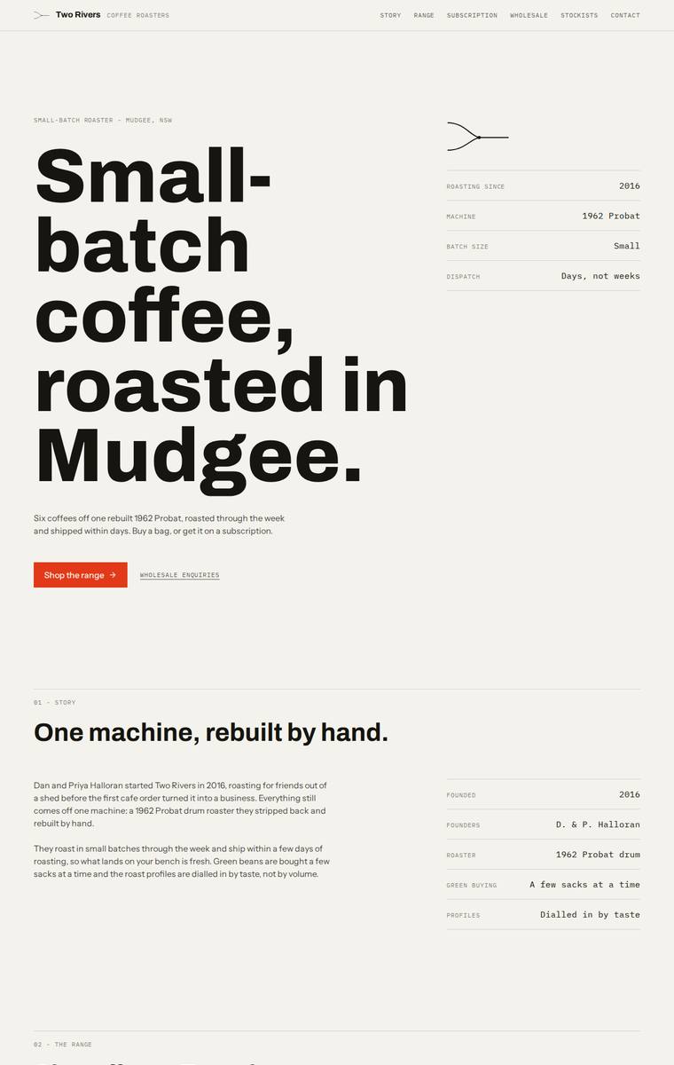 Ingrid Kessler (kimi-k3) webdesign output - Two Rivers Coffee Roasters single-page site