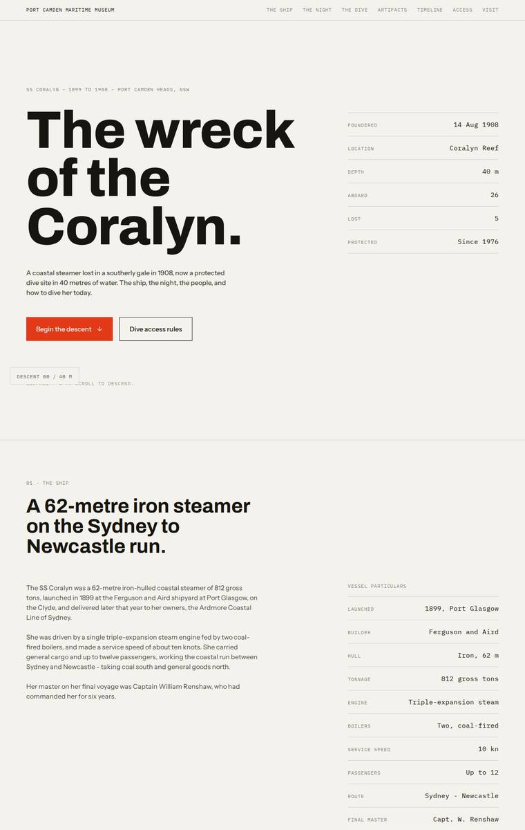 Ingrid Kessler (kimi-k3) webdesign output - The Wreck of the Coralyn maritime museum microsite
