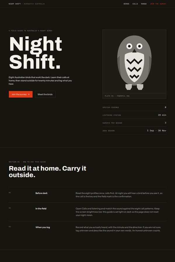 kimi-k3 build of Night Shift nocturnal bird field guide