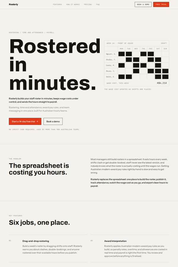 kimi-k3 build of Rosterly workforce shift-scheduling SaaS marketing site