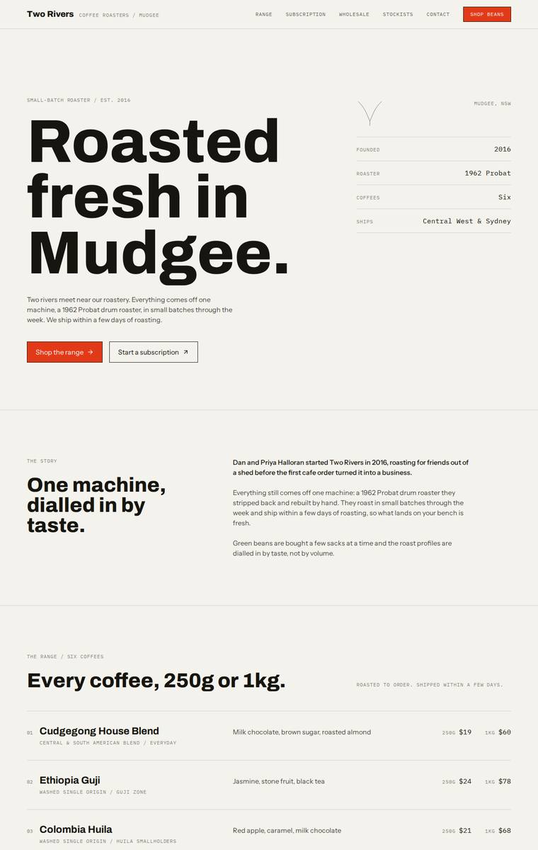 Ingrid Kessler (claude-opus-4-8) rendering of the Two Rivers Coffee Roasters single-page site benchmark - composite 90.6%, judge 4.6/5