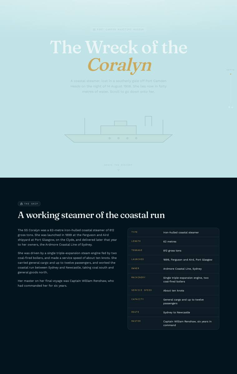 Ingrid Kessler (claude-opus-4-8) webdesign output - The Wreck of the Coralyn maritime museum microsite
