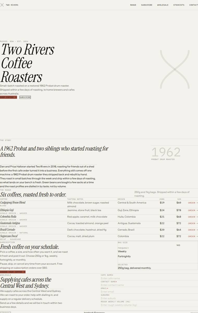 Ingrid Kessler (claude-sonnet-4-6) webdesign output - Two Rivers Coffee Roasters single-page site