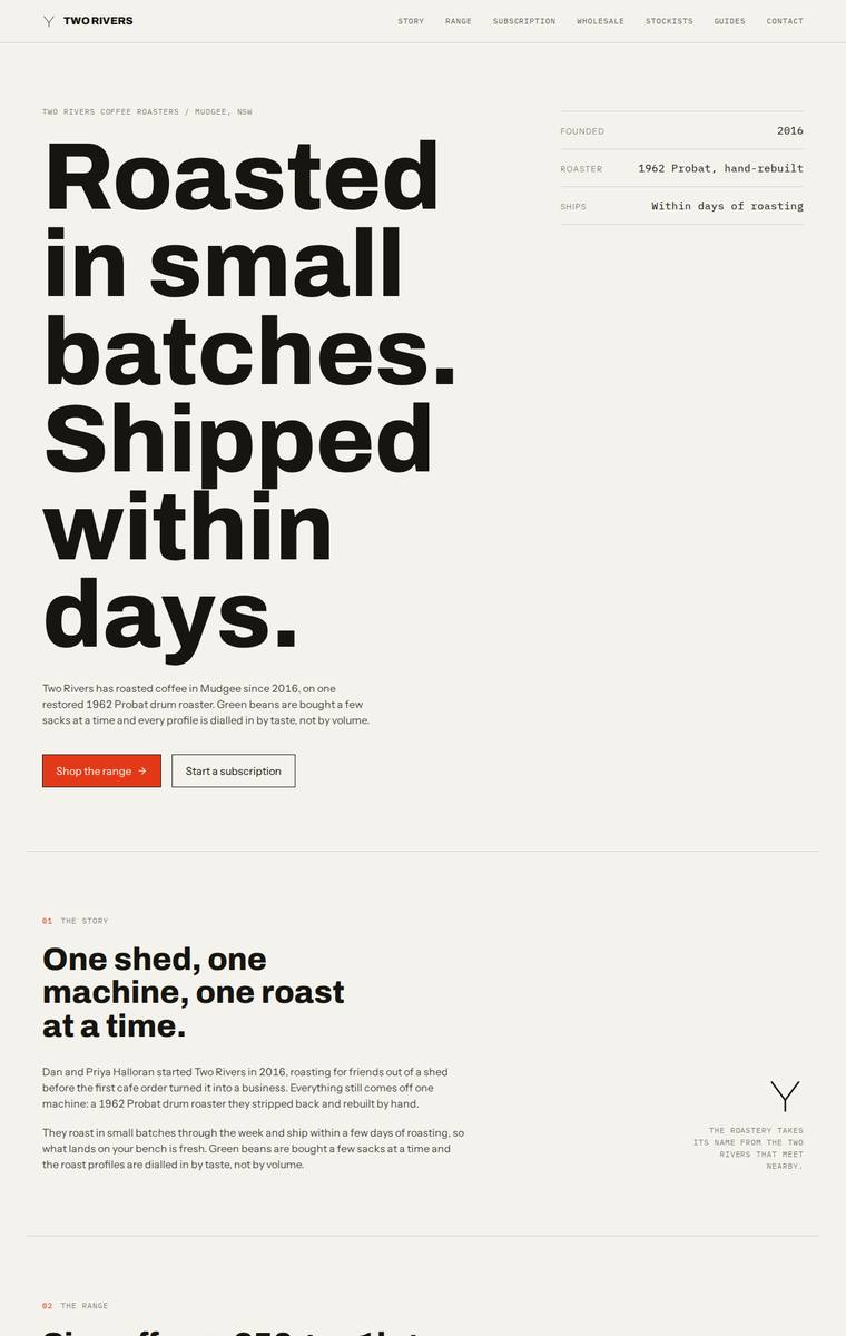 Ingrid Kessler (claude-sonnet-5) webdesign output - Two Rivers Coffee Roasters single-page site