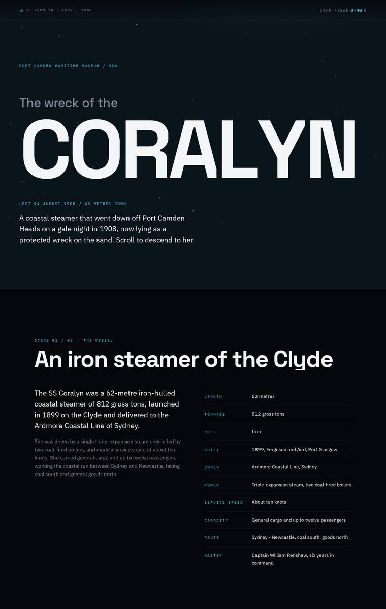 Ingrid Kessler (claude-sonnet-5) webdesign output - The Wreck of the Coralyn maritime museum microsite