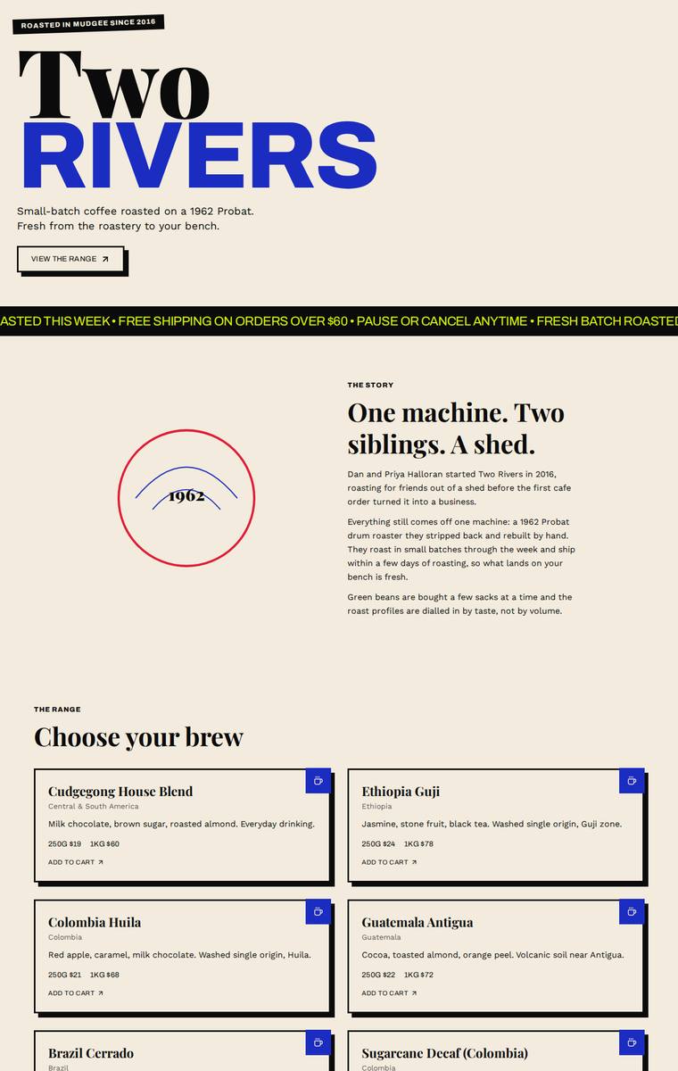 Mara Vieira (deepseek-v4-flash) rendering of the Two Rivers Coffee Roasters single-page site benchmark - composite 78.1%, judge 4.1/5