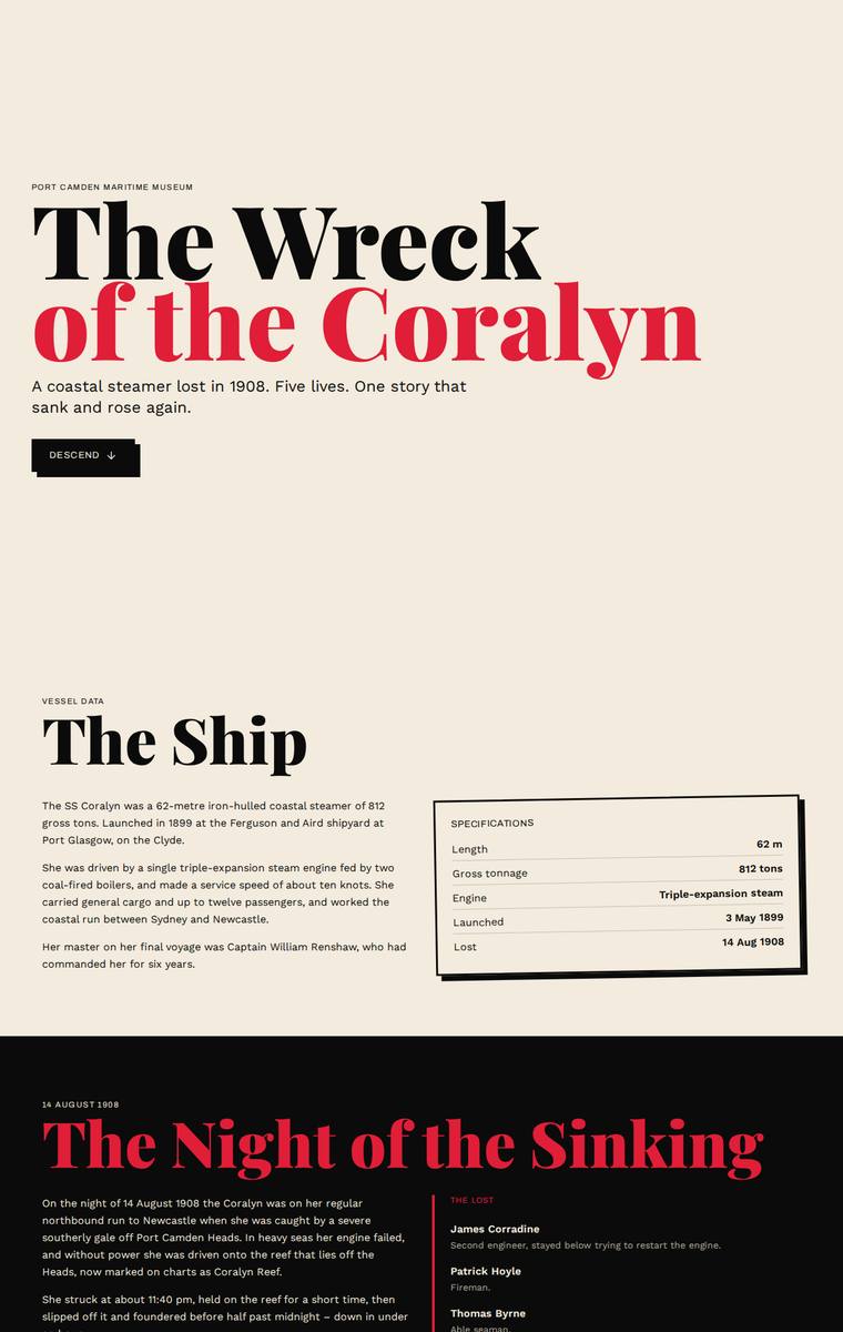 Mara Vieira (deepseek-v4-flash) webdesign output - The Wreck of the Coralyn maritime museum microsite