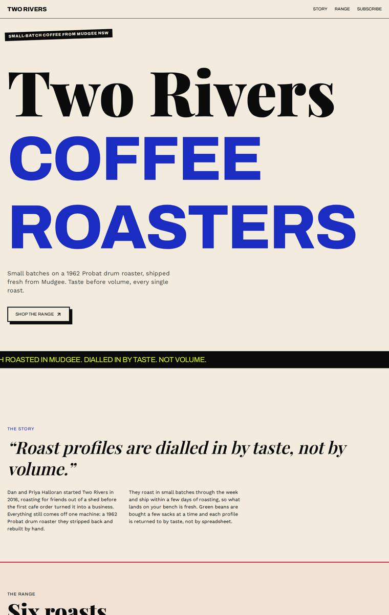 Mara Vieira (deepseek-v4-pro) rendering of the Two Rivers Coffee Roasters single-page site benchmark - composite 87.5%, judge 4.5/5