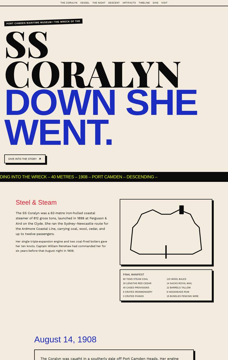 Mara Vieira (deepseek-v4-pro) webdesign output - The Wreck of the Coralyn maritime museum microsite