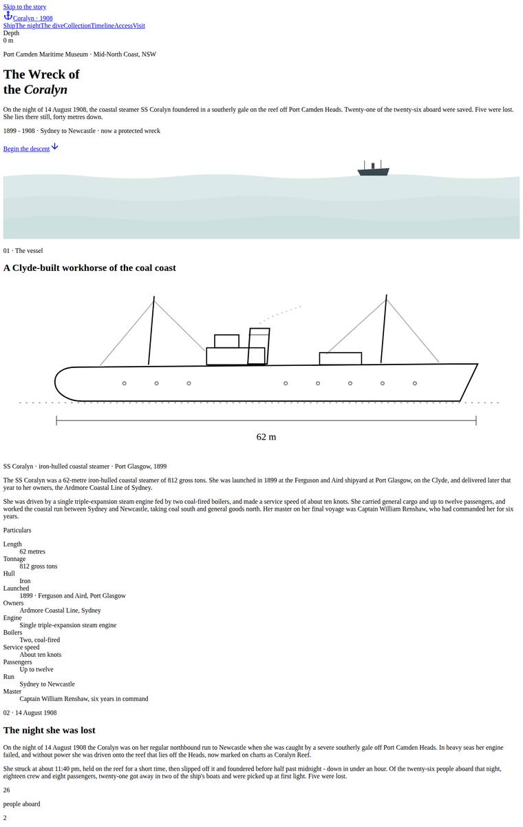 Mara Vieira (claude-fable-5) webdesign output - The Wreck of the Coralyn maritime museum microsite