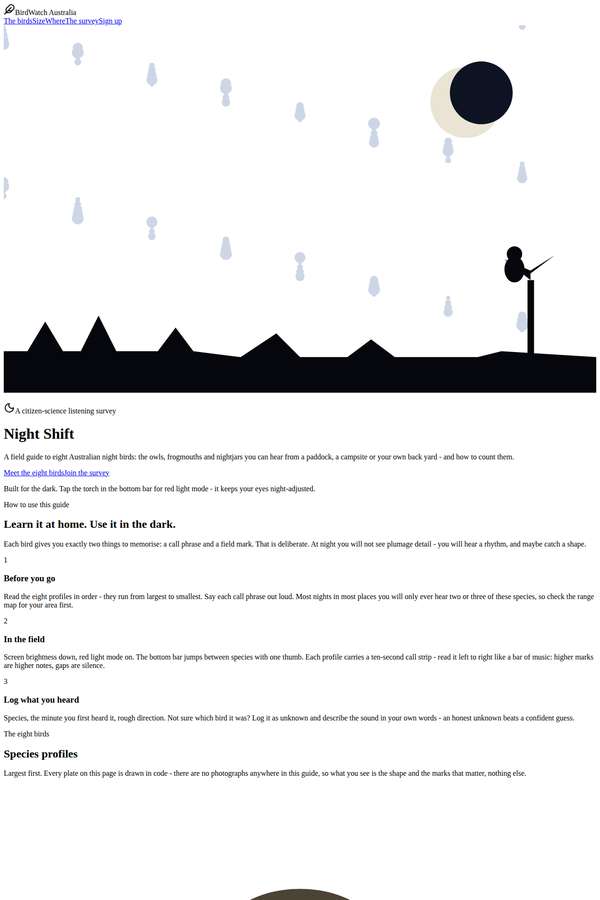 claude-fable-5 build of Night Shift nocturnal bird field guide