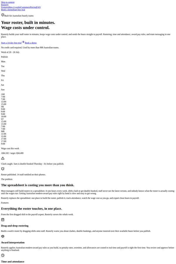 claude-fable-5 build of Rosterly workforce shift-scheduling SaaS marketing site