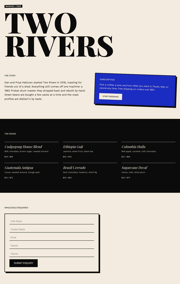 Mara Vieira (gemini-3.1-flash-lite) rendering of the Two Rivers Coffee Roasters single-page site benchmark - composite 51.6%, judge 3.1/5