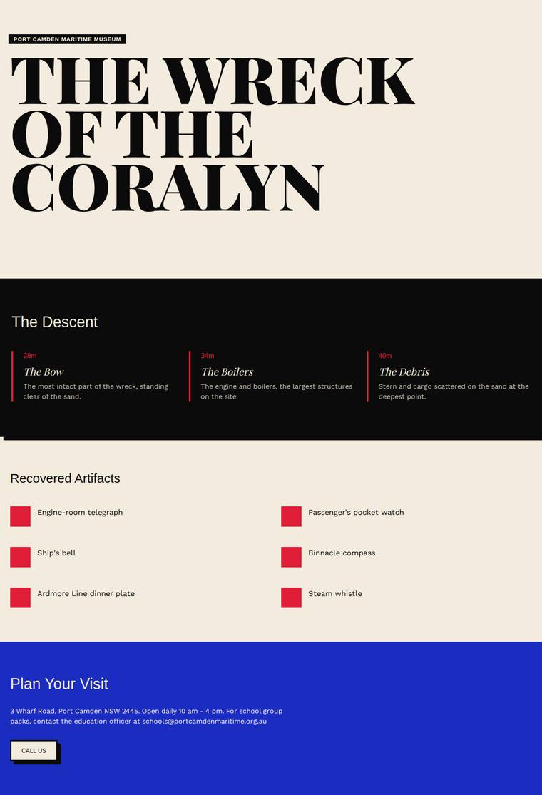 Mara Vieira (gemini-3.1-flash-lite) webdesign output - The Wreck of the Coralyn maritime museum microsite