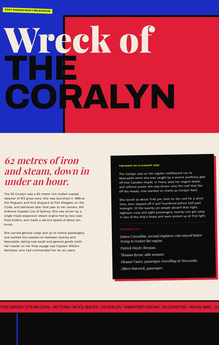 Mara Vieira (gemini-3.1-pro-preview) webdesign output - The Wreck of the Coralyn maritime museum microsite