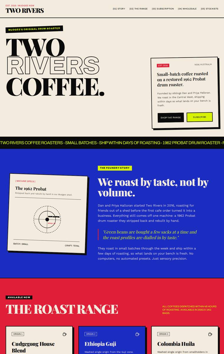 Mara Vieira (gemini-3.5-flash) rendering of the Two Rivers Coffee Roasters single-page site benchmark - composite 89.1%, judge 4.6/5