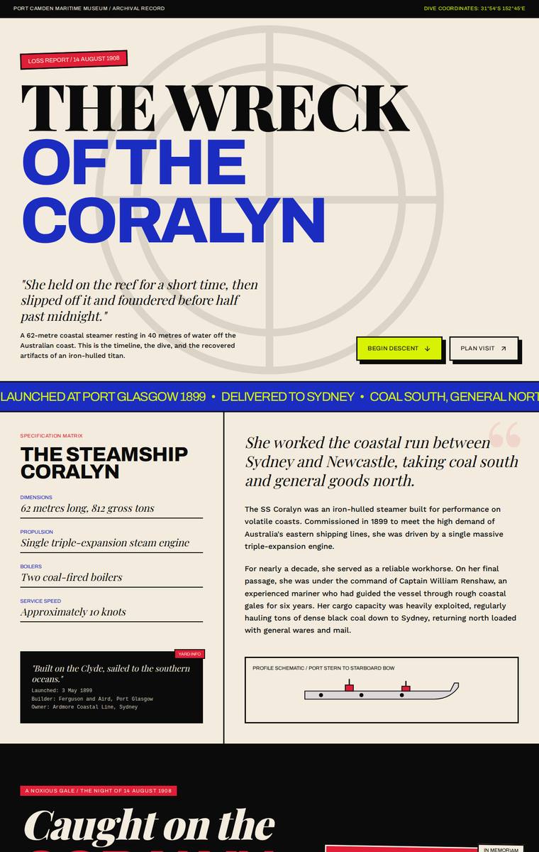 Mara Vieira (gemini-3.5-flash) webdesign output - The Wreck of the Coralyn maritime museum microsite