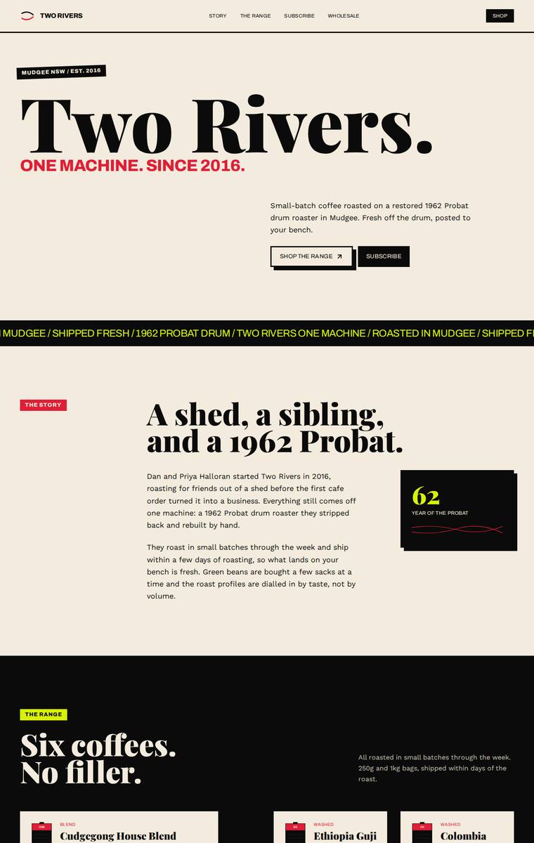 Mara Vieira (glm-5.2) rendering of the Two Rivers Coffee Roasters single-page site benchmark - composite 89.1%, judge 4.6/5