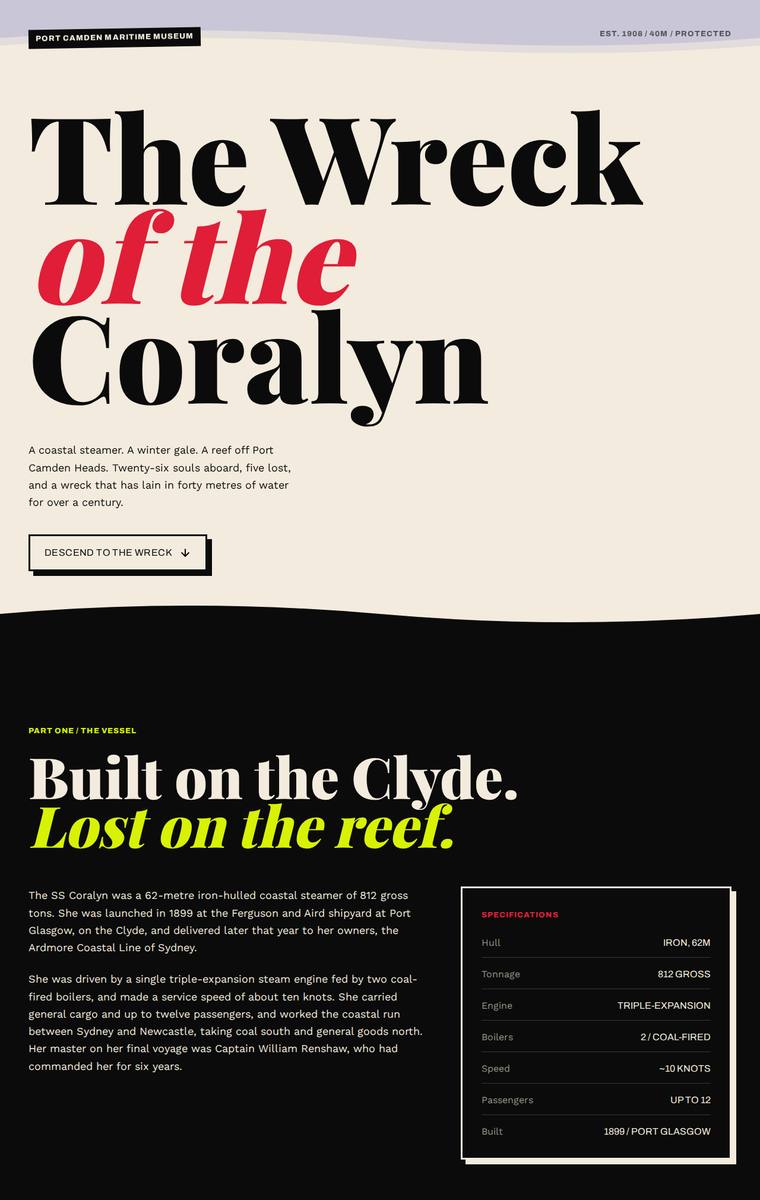 Mara Vieira (glm-5.2) webdesign output - The Wreck of the Coralyn maritime museum microsite