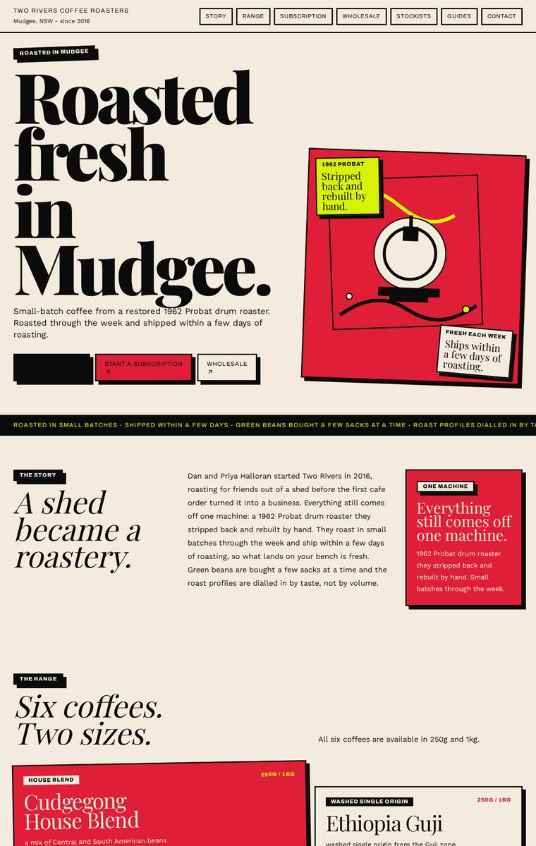Mara Vieira (gpt-5.4-mini) rendering of the Two Rivers Coffee Roasters single-page site benchmark - composite 84.4%, judge 4.4/5
