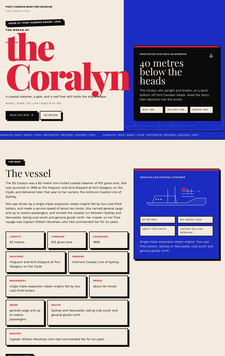 Mara Vieira (gpt-5.4-mini) webdesign output - The Wreck of the Coralyn maritime museum microsite
