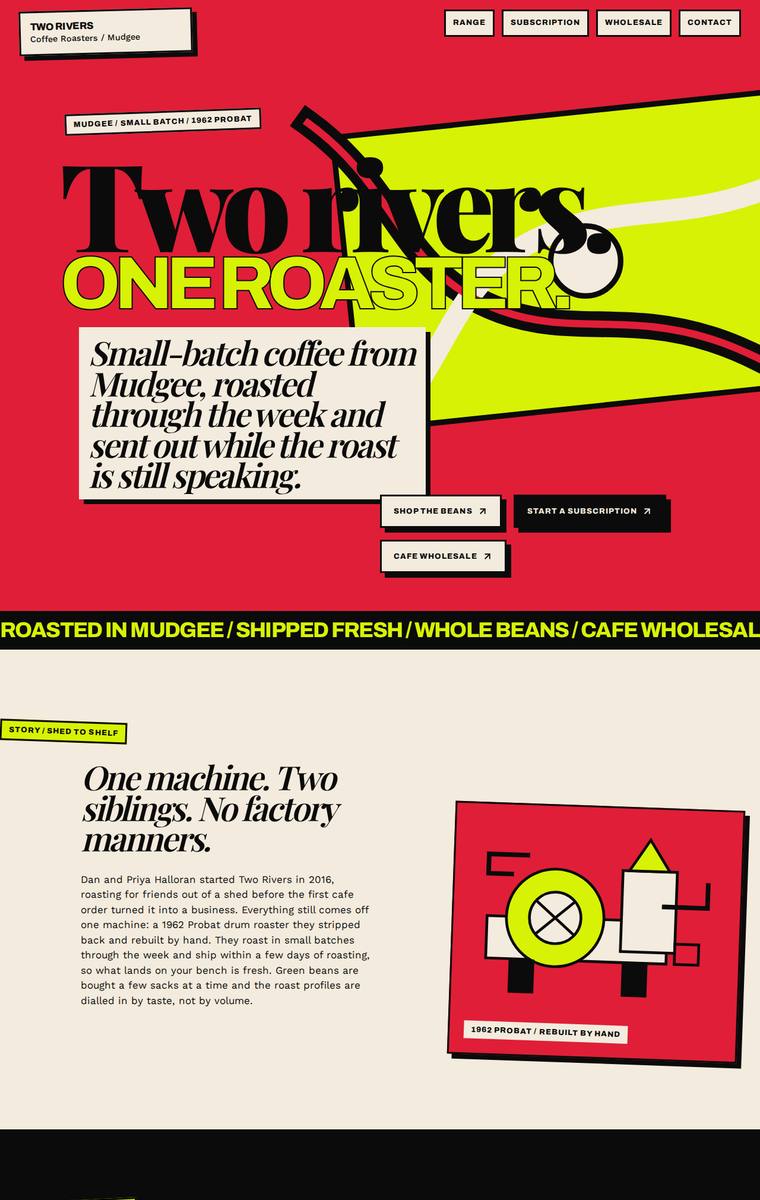 Mara Vieira (gpt-5.5) rendering of the Two Rivers Coffee Roasters single-page site benchmark - composite 90.6%, judge 4.6/5