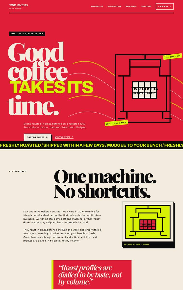 Mara Vieira (gpt-5.6-luna) rendering of the Two Rivers Coffee Roasters single-page site benchmark - composite 93.8%, judge 4.8/5