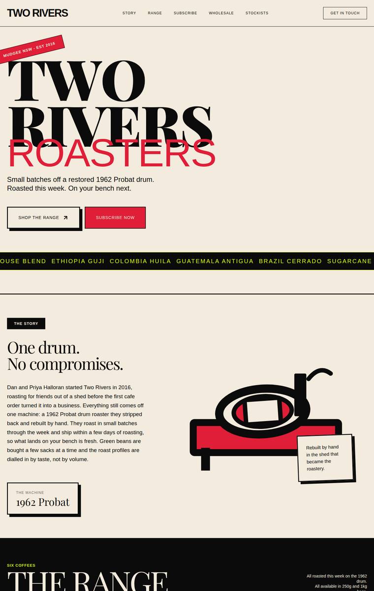 Mara Vieira (grok-4.20-reasoning) rendering of the Two Rivers Coffee Roasters single-page site benchmark - composite 84.4%, judge 4.4/5