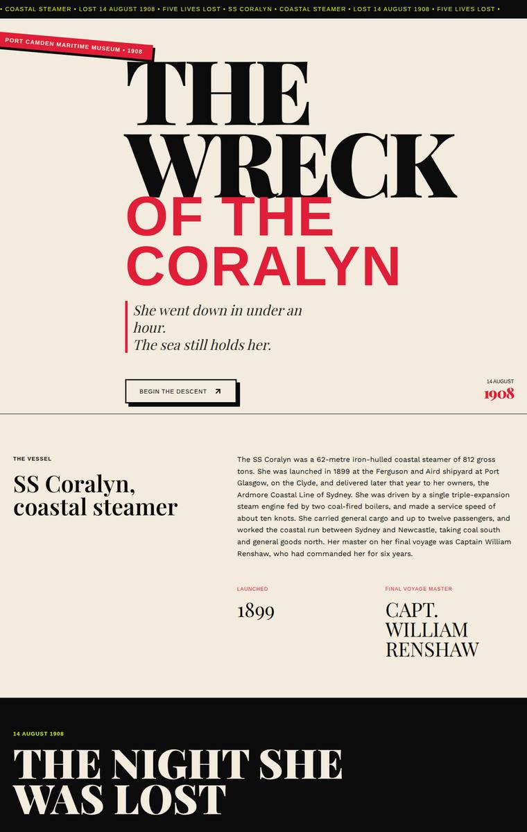 Mara Vieira (grok-4.20-reasoning) webdesign output - The Wreck of the Coralyn maritime museum microsite