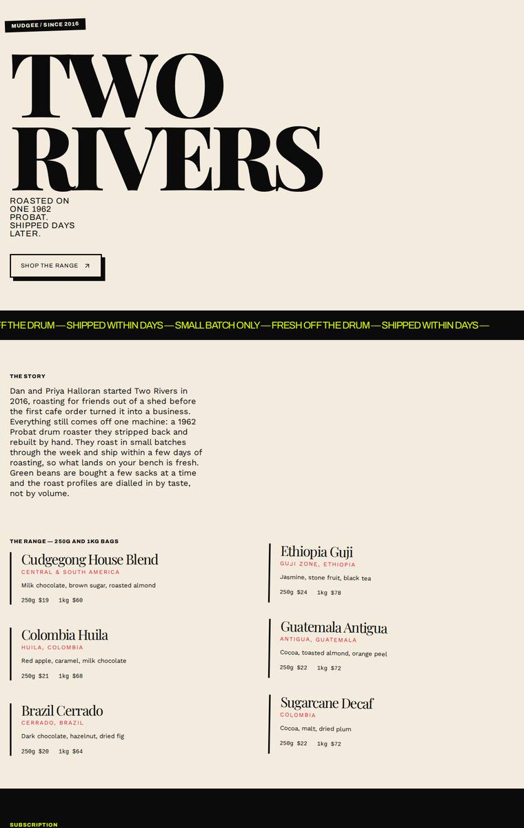 Mara Vieira (grok-4.3) rendering of the Two Rivers Coffee Roasters single-page site benchmark - composite 82.8%, judge 4.3/5
