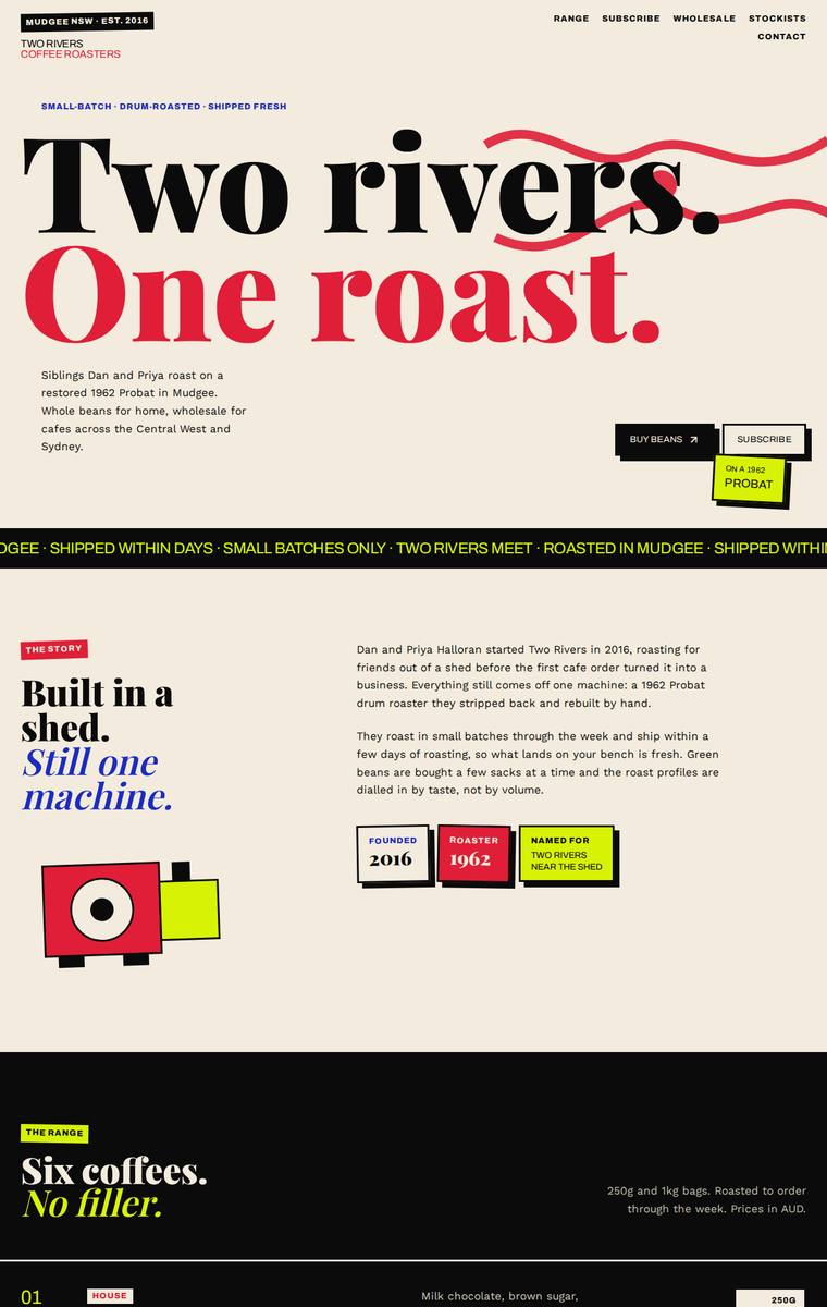 Mara Vieira (grok-4.5) rendering of the Two Rivers Coffee Roasters single-page site benchmark - composite 79.7%, judge 4.2/5