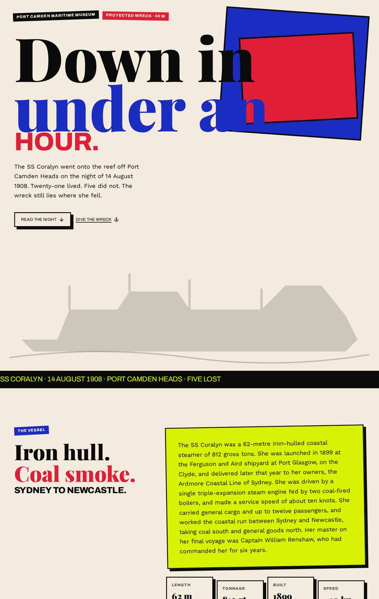 Mara Vieira (grok-4.5) webdesign output - The Wreck of the Coralyn maritime museum microsite
