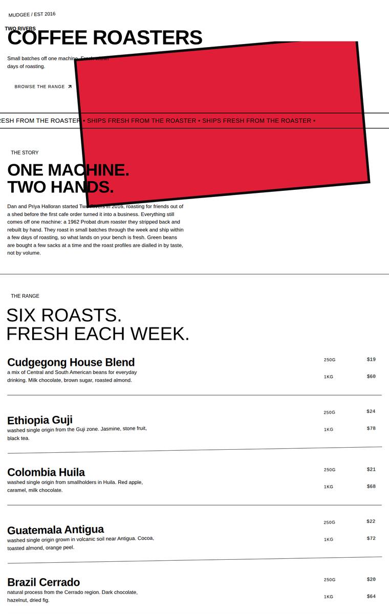 Mara Vieira (grok-build-0.1) rendering of the Two Rivers Coffee Roasters single-page site benchmark - composite 37.5%, judge 2.5/5