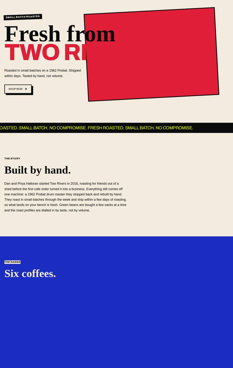Mara Vieira (claude-haiku-4-5) rendering of the Two Rivers Coffee Roasters single-page site benchmark - composite 28.1%, judge 2.1/5