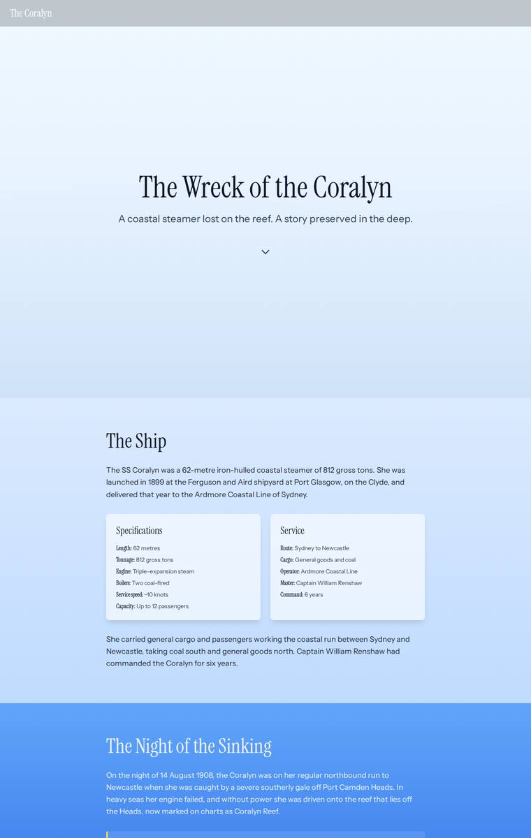 Mara Vieira (claude-haiku-4-5) webdesign output - The Wreck of the Coralyn maritime museum microsite