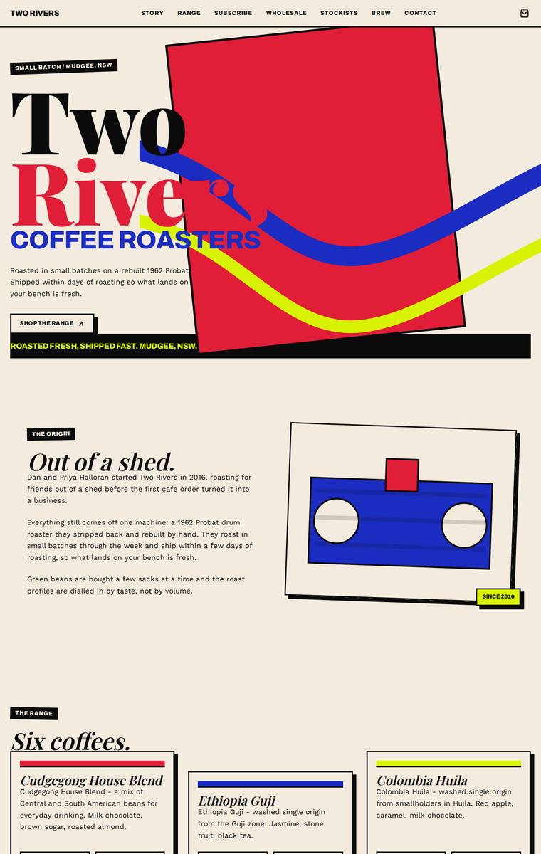 Mara Vieira (kimi-k2.7-code) rendering of the Two Rivers Coffee Roasters single-page site benchmark - composite 81.3%, judge 4.3/5
