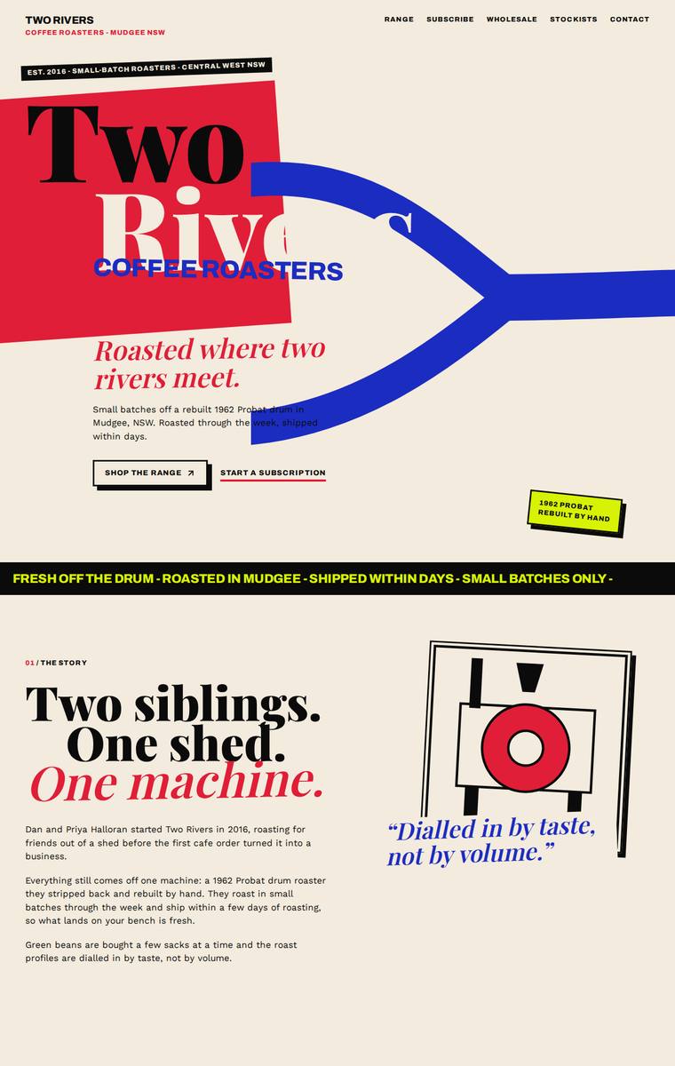 Mara Vieira (kimi-k3) rendering of the Two Rivers Coffee Roasters single-page site benchmark - composite 92.2%, judge 4.7/5