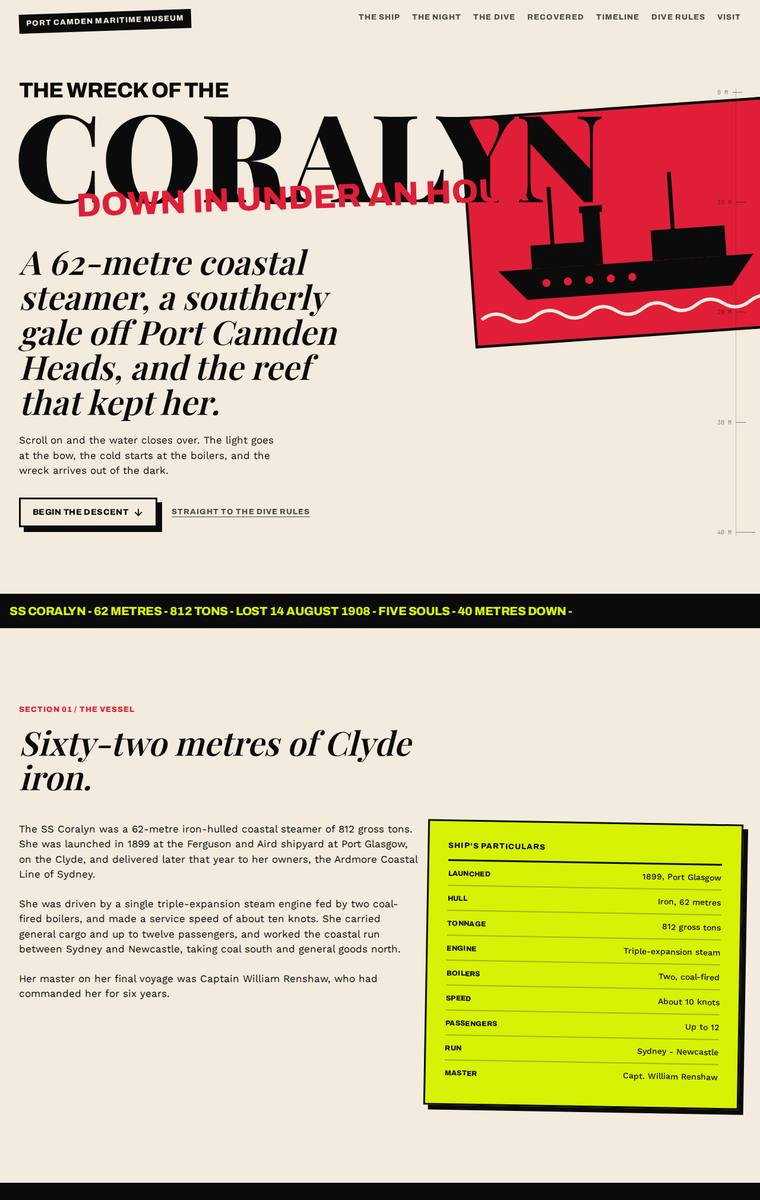 Mara Vieira (kimi-k3) webdesign output - The Wreck of the Coralyn maritime museum microsite