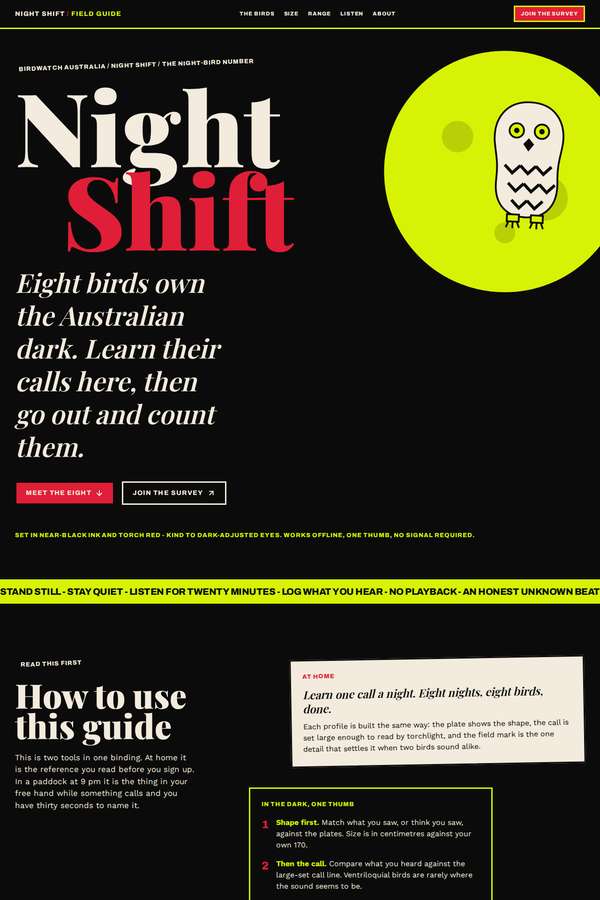kimi-k3 build of Night Shift nocturnal bird field guide